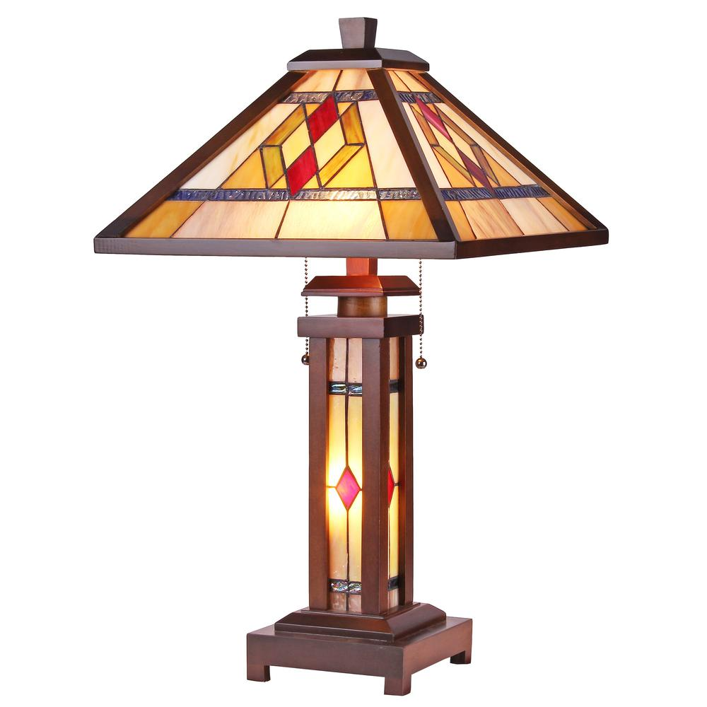 GARETH Tiffany-style Mission 3 Light Double Lit Wooden Table Lamp 15" Shade - Pozzby Home Solutions