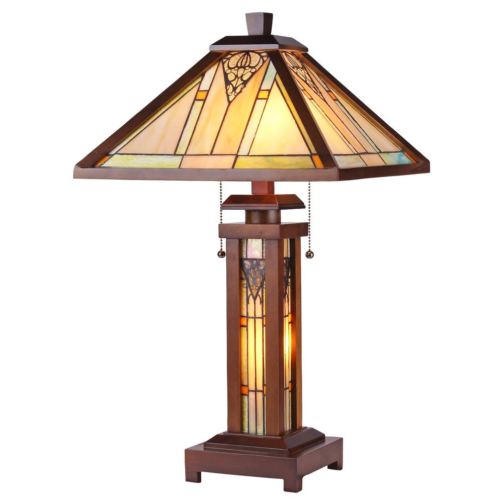 ZELLA Tiffany-style Mission 3 Light Double Lit Wooden Table Lamp 15" Shade - Pozzby Home Solutions