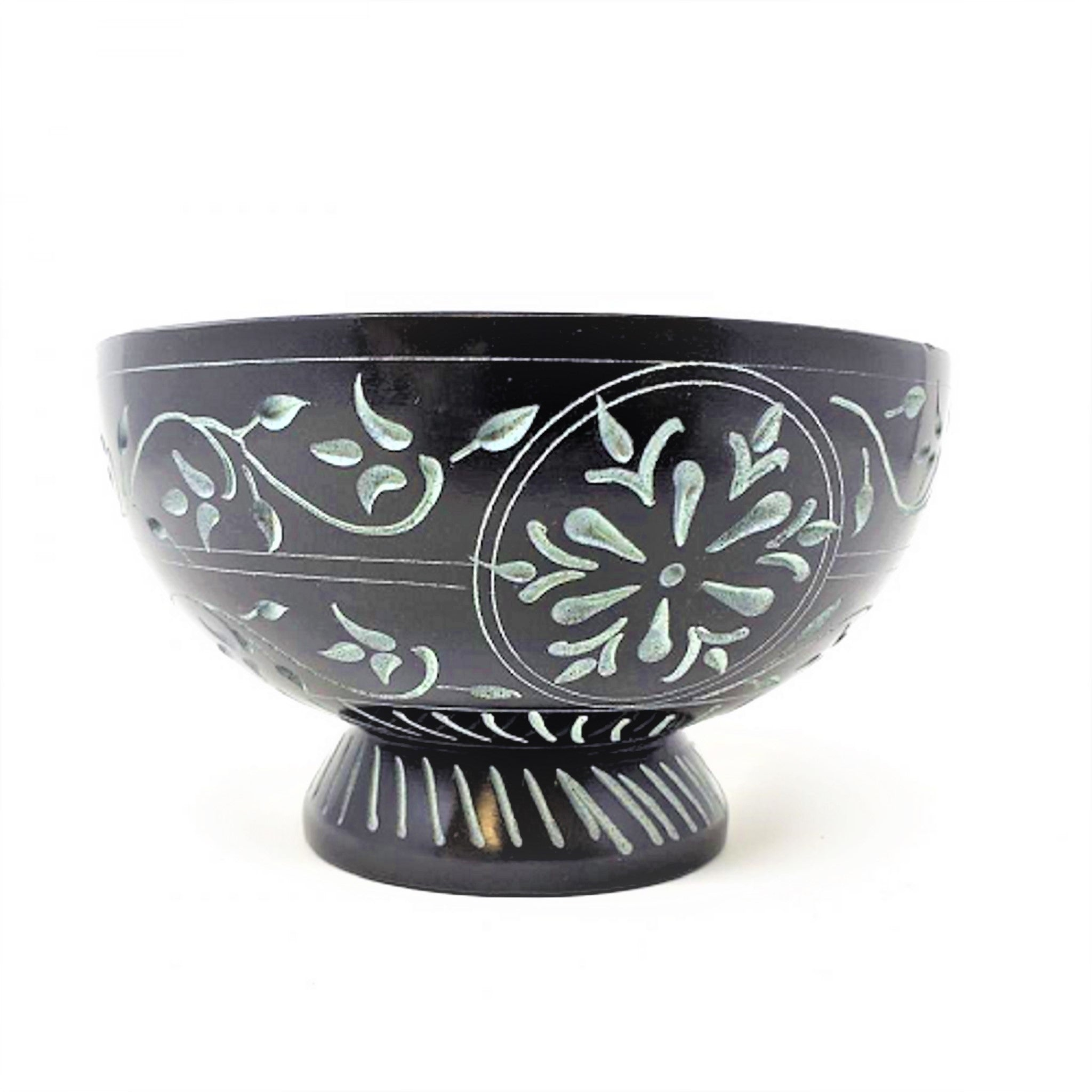 Floral hand carved Black Soap Stone Bowl 5" x 3" - Pozzby Home Solutions