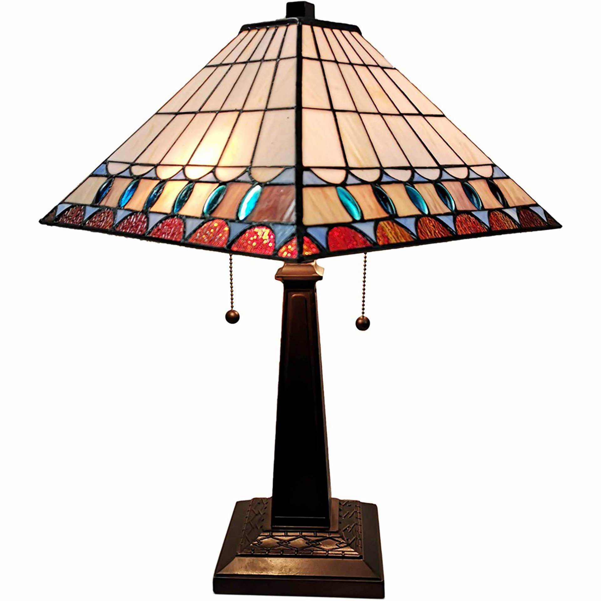 "23"" White Amber and Teal Stained Glass Two Light Mission Style Table Lamp" - Pozzby Home Solutions