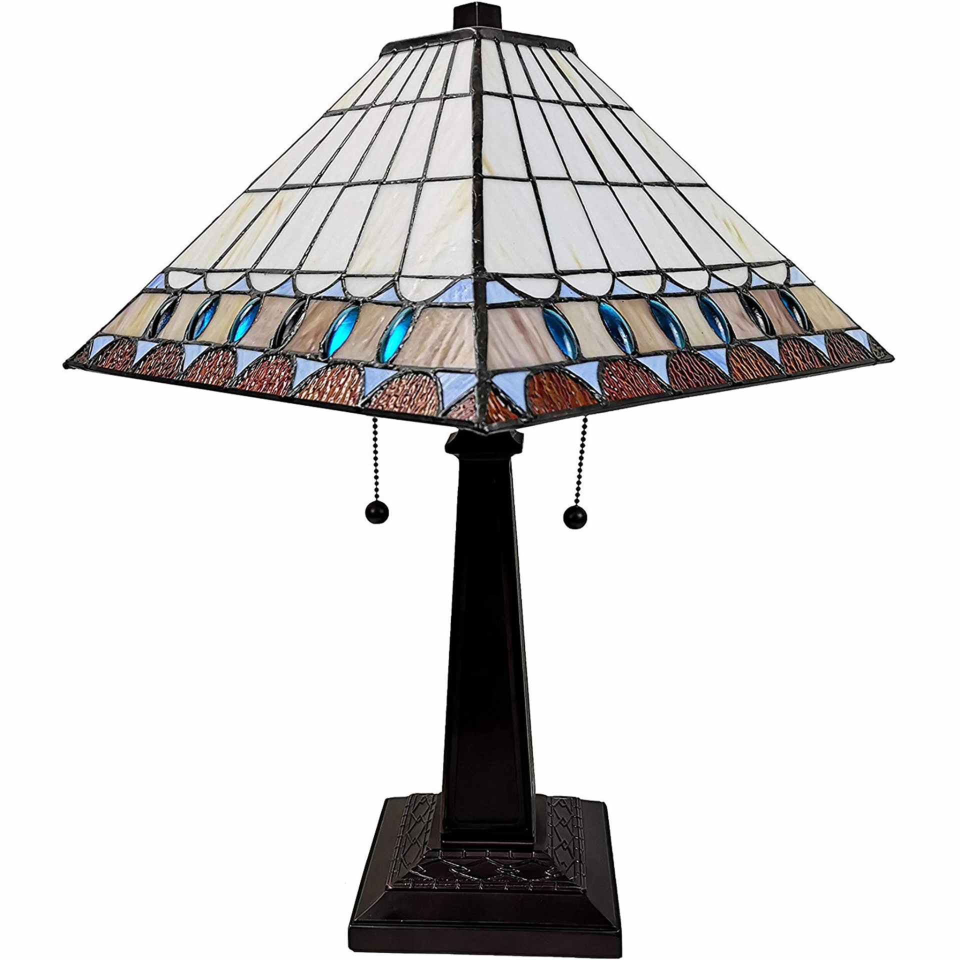 "23"" White Amber and Teal Stained Glass Two Light Mission Style Table Lamp" - Pozzby Home Solutions