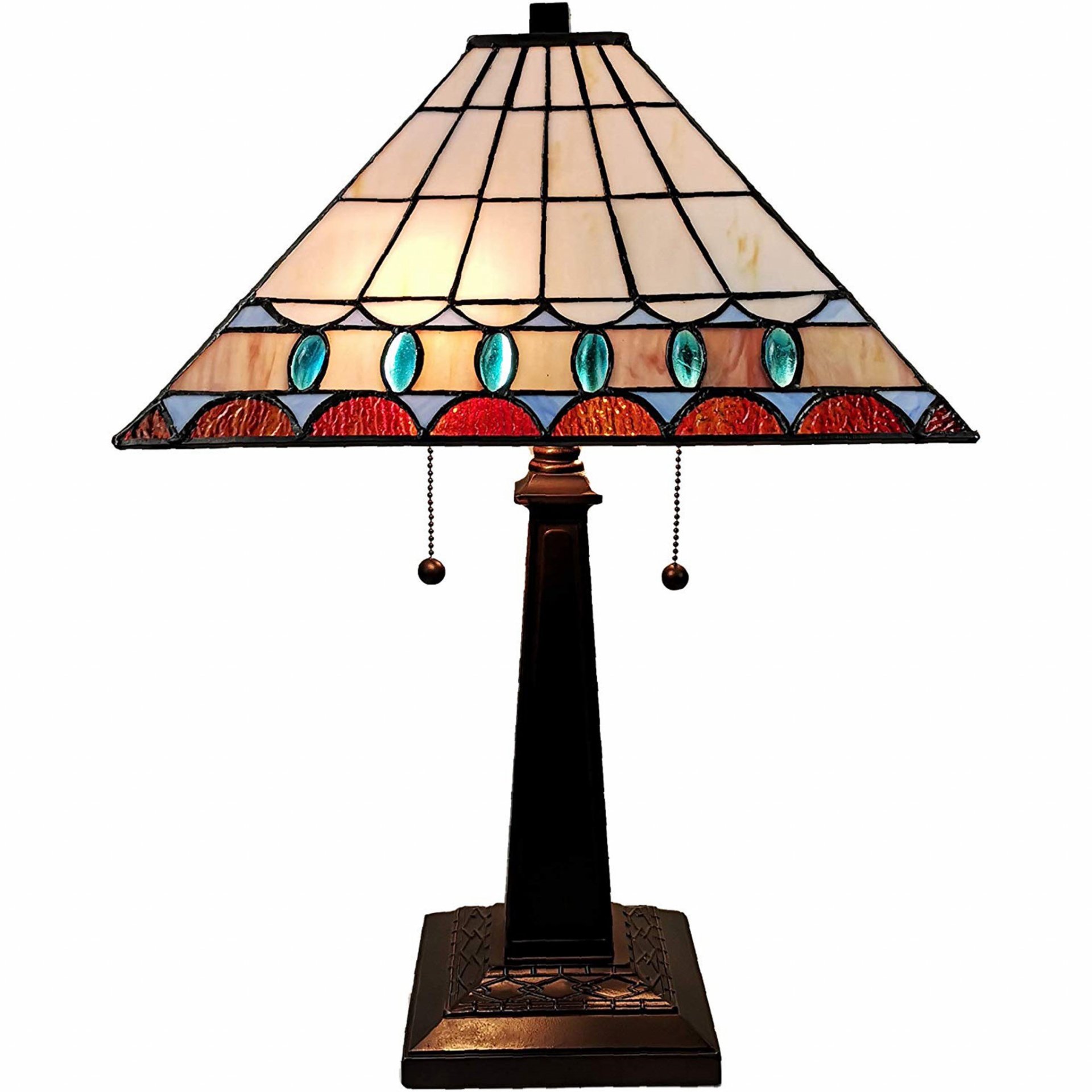 "23"" White Amber and Teal Stained Glass Two Light Mission Style Table Lamp" - Pozzby Home Solutions