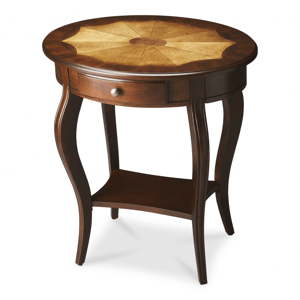 "Traditional Cherry Oval Accent Table"Exquisite and compact in design the Traditional Cherry Oval Accent Table is built to perfection. This circular table has a very unique burnished pattern line design Accent TablesPozzby Home SolutionsPozzby Home Solutions"Traditional Cherry Oval Accent Table"