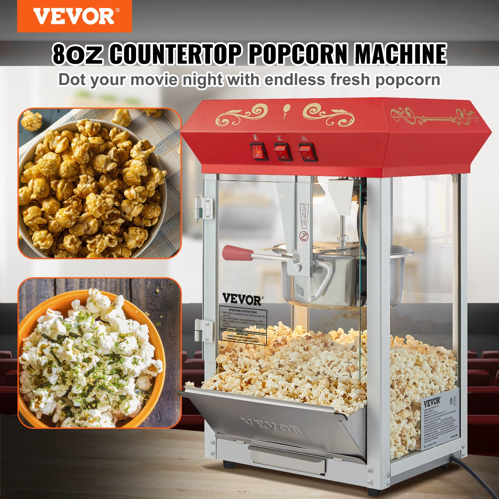 VEVOR Popcorn Popper Machine 8 Oz Countertop Popcorn Maker 850W 48 Cups Red - Pozzby Home Solutions