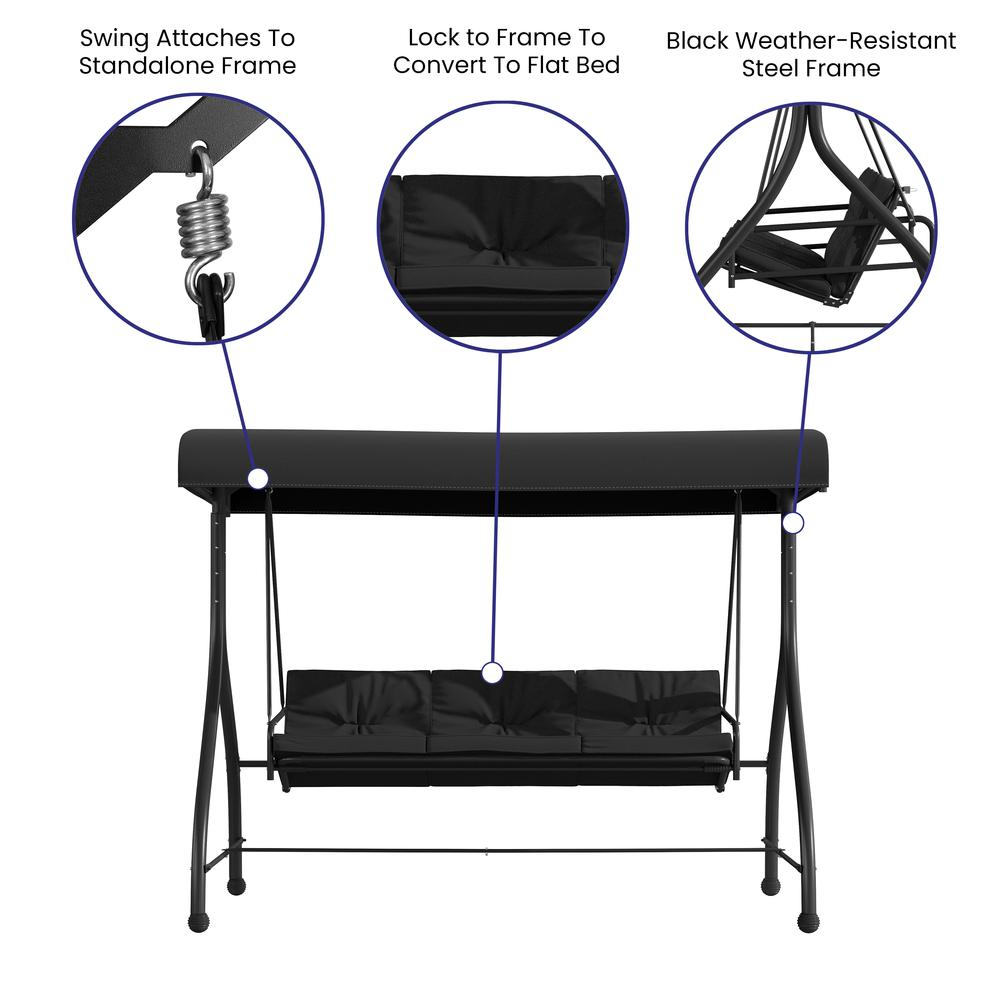 3-Seat Steel Converting Patio Swing Canopy Hammock with Cushions (Black) - Pozzby Home Solutions