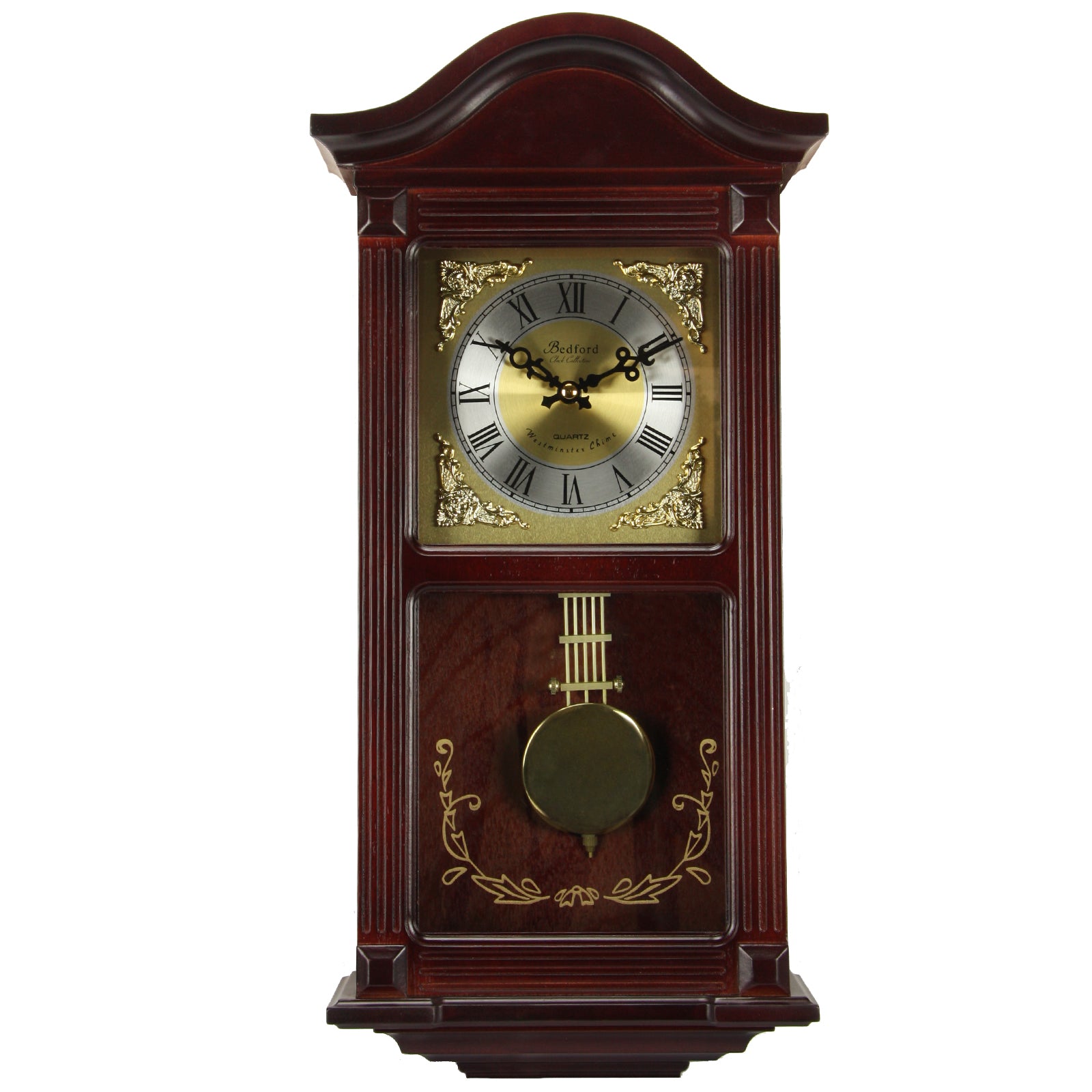 Bedford Clock Collection 22 Inch Wall Clock in Mahogany Cherry Oak Wood with Brass Pendulum and 4 Chimes - Pozzby Home Solutions