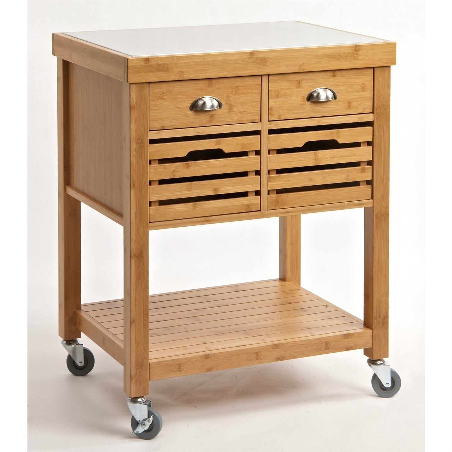 Stainless Steel Top Bamboo Wood Kitchen Cart with Casters - Pozzby Home Solutions