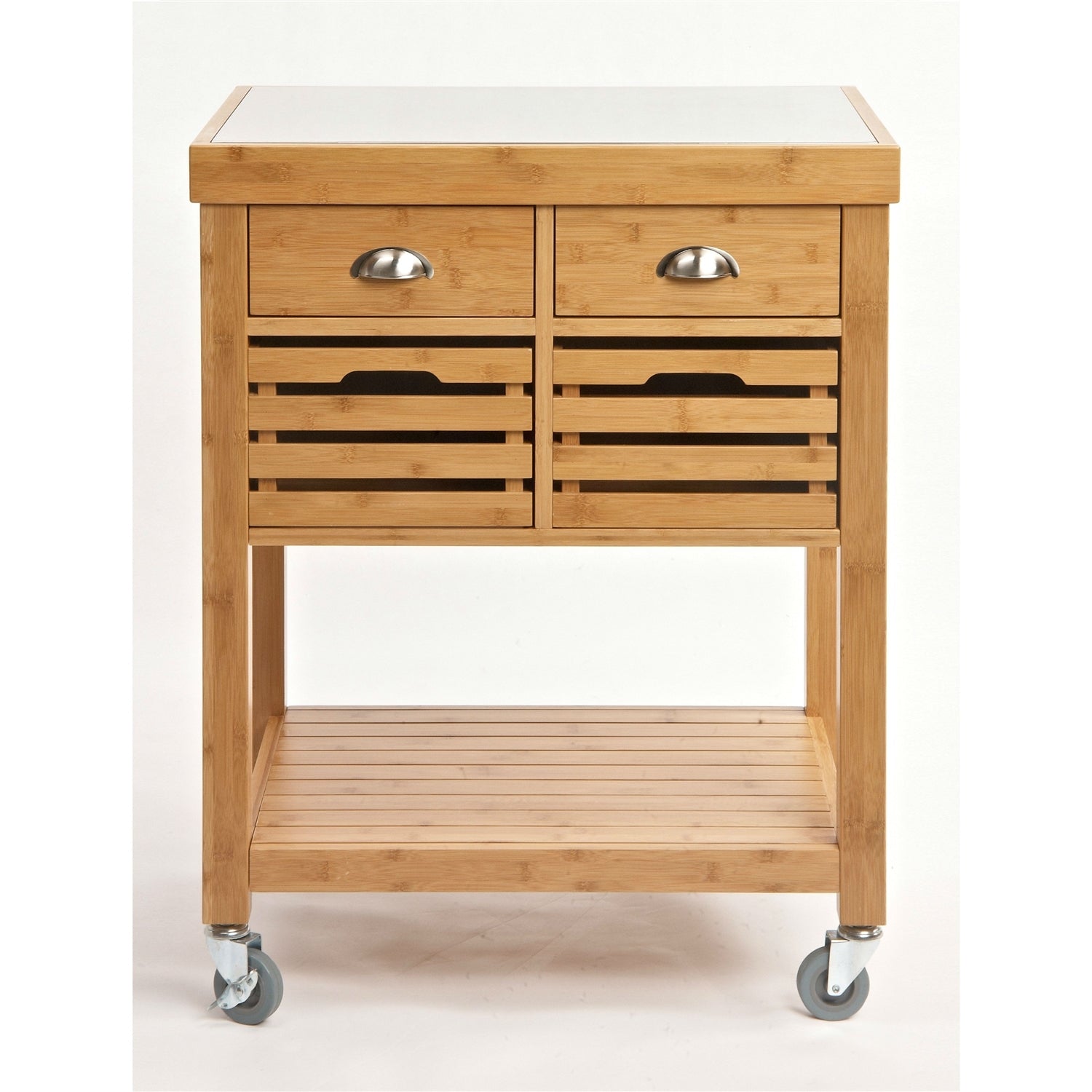 Stainless Steel Top Bamboo Wood Kitchen Cart with Casters - Pozzby Home Solutions