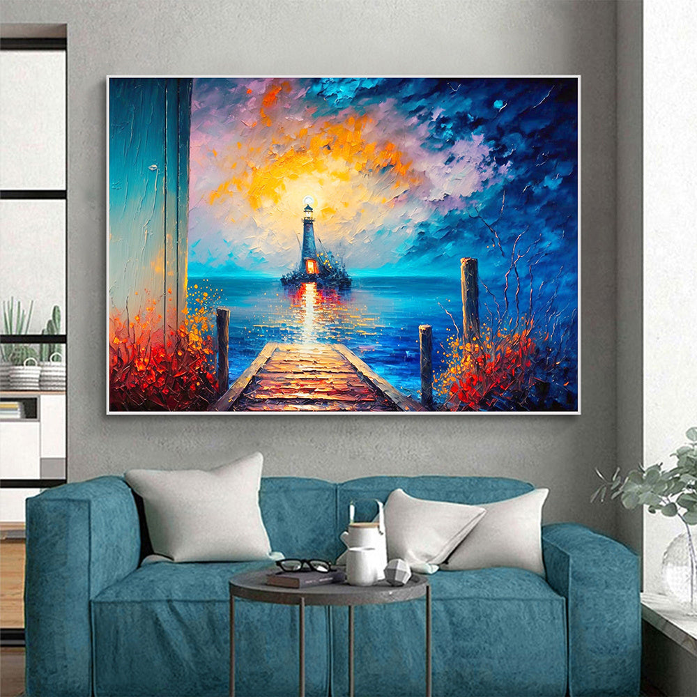 Hand Painted Oil Painting Abstract Coastal Landscape Oil Painting On Canvas Large Wall Art Original Lighthouse Painting Sunset Painting Custom Painting Home Decor - Pozzby Home Solutions