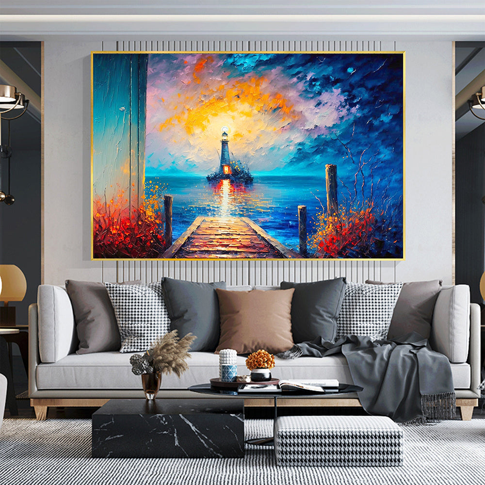 Hand Painted Oil Painting Abstract Coastal Landscape Oil Painting On Canvas Large Wall Art Original Lighthouse Painting Sunset Painting Custom Painting Home Decor - Pozzby Home Solutions