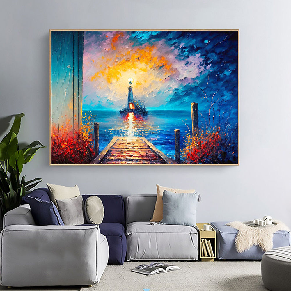 Hand Painted Oil Painting Abstract Coastal Landscape Oil Painting On Canvas Large Wall Art Original Lighthouse Painting Sunset Painting Custom Painting Home Decor - Pozzby Home Solutions