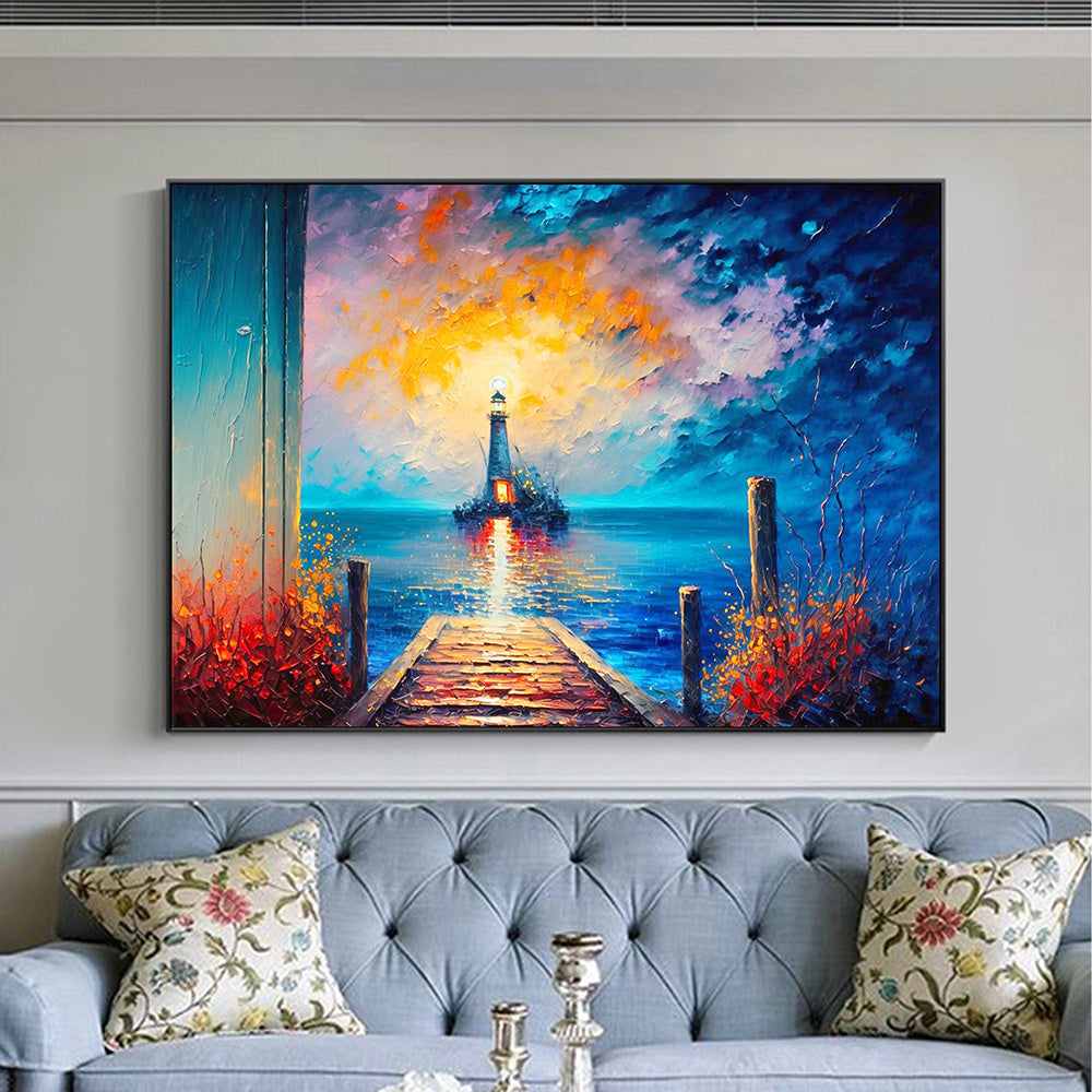 Hand Painted Oil Painting Abstract Coastal Landscape Oil Painting On Canvas Large Wall Art Original Lighthouse Painting Sunset Painting Custom Painting Home Decor - Pozzby Home Solutions