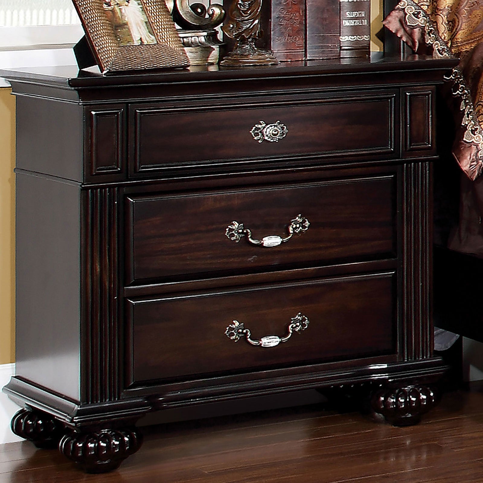 1pc Nightstand Traditional Dark Walnut Solid wood 3-Drawers - Pozzby Home Solutions