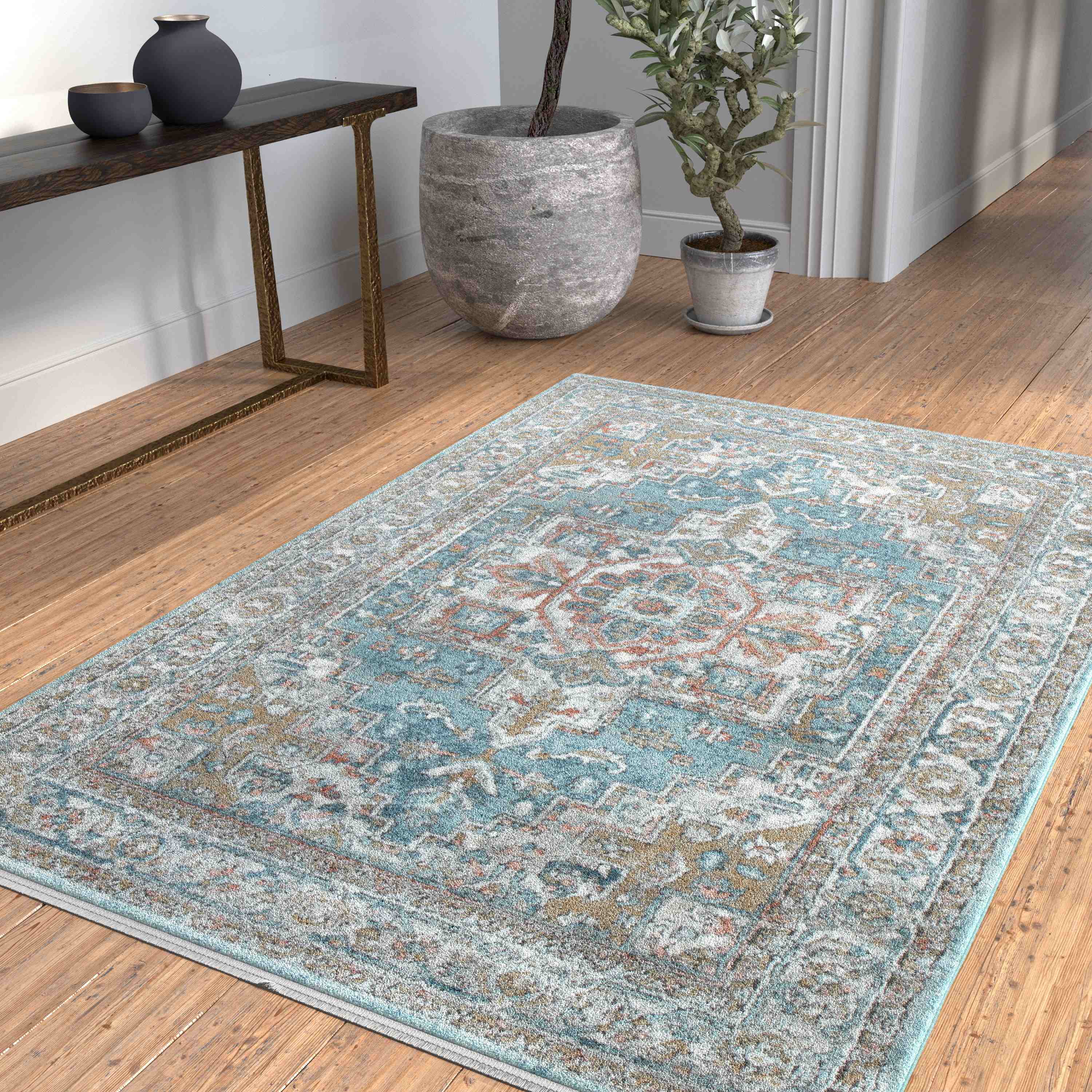 Laguna Highland Blue/Natural/Coral/Ivory Area Rug 4x6 - Pozzby Home Solutions