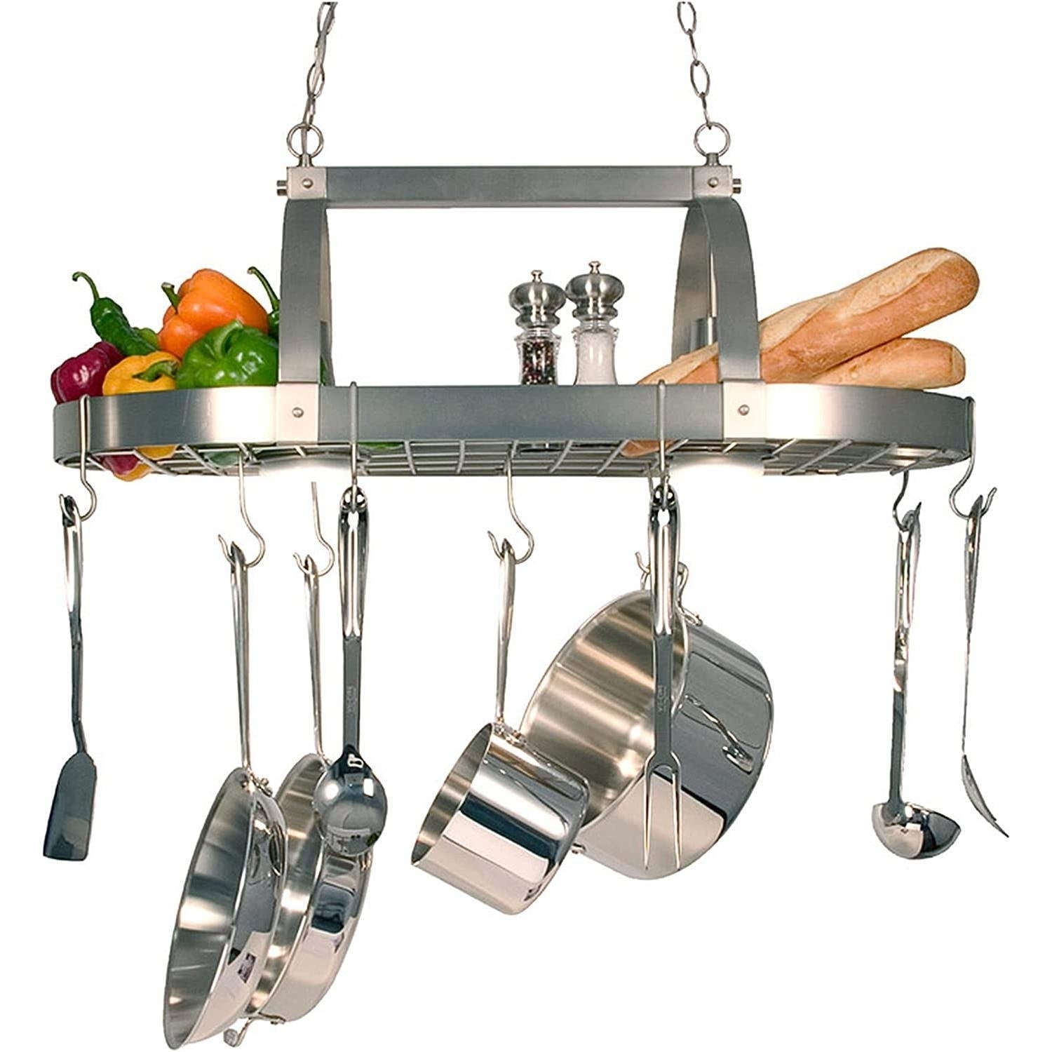 Rustic 2-Light 10 Hook Ceiling Mounted Hanging Pot Rack in Brushed Nickle - Pozzby Home Solutions