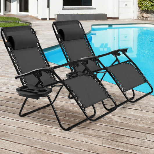 2 Pieces Folding Recliner Zero Gravity Lounge Chair - Black - Color: Black - Pozzby Home Solutions