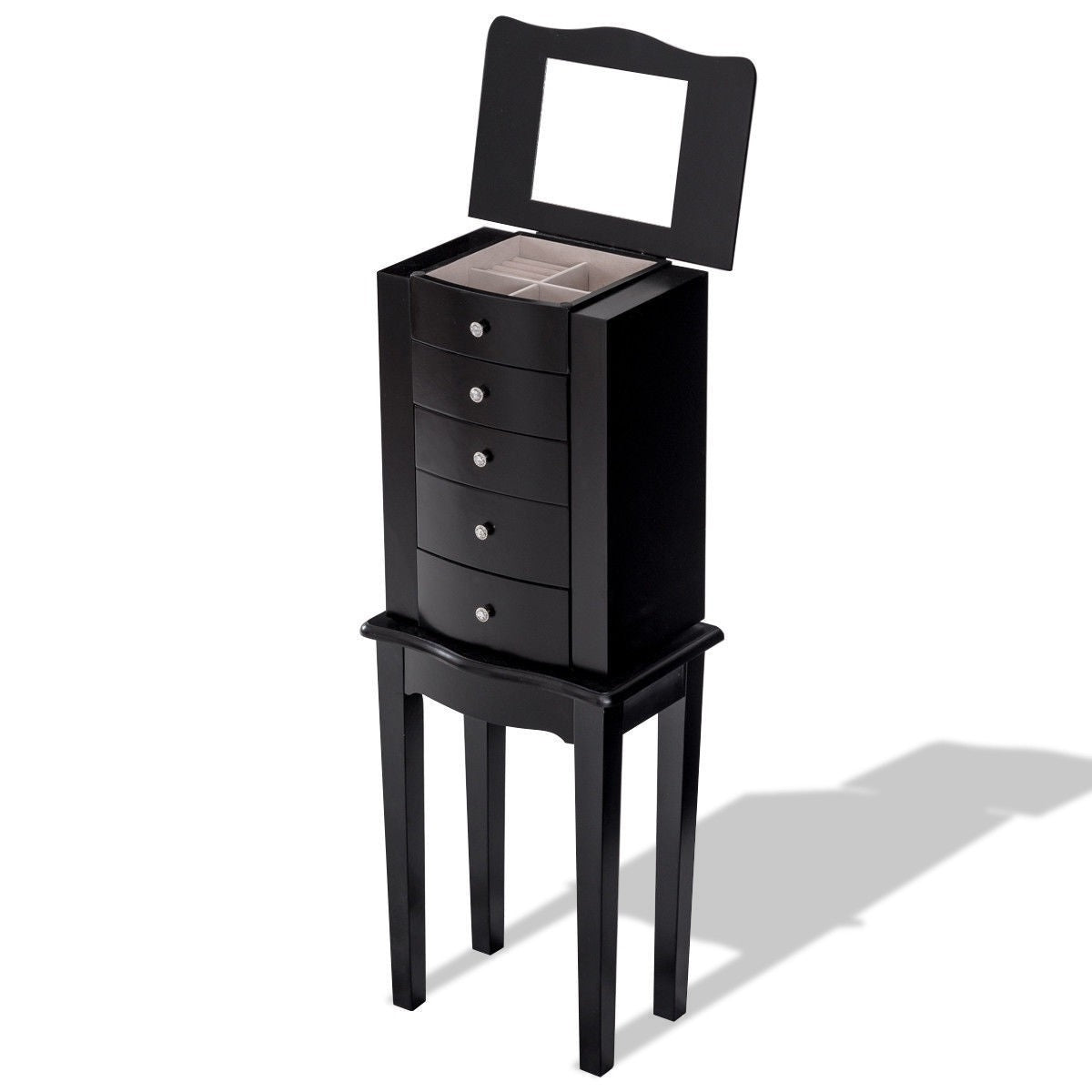 Black Wood 5-Drawer Jewelry Chest Storage Chest Cabinet with Mirror - Pozzby Home Solutions