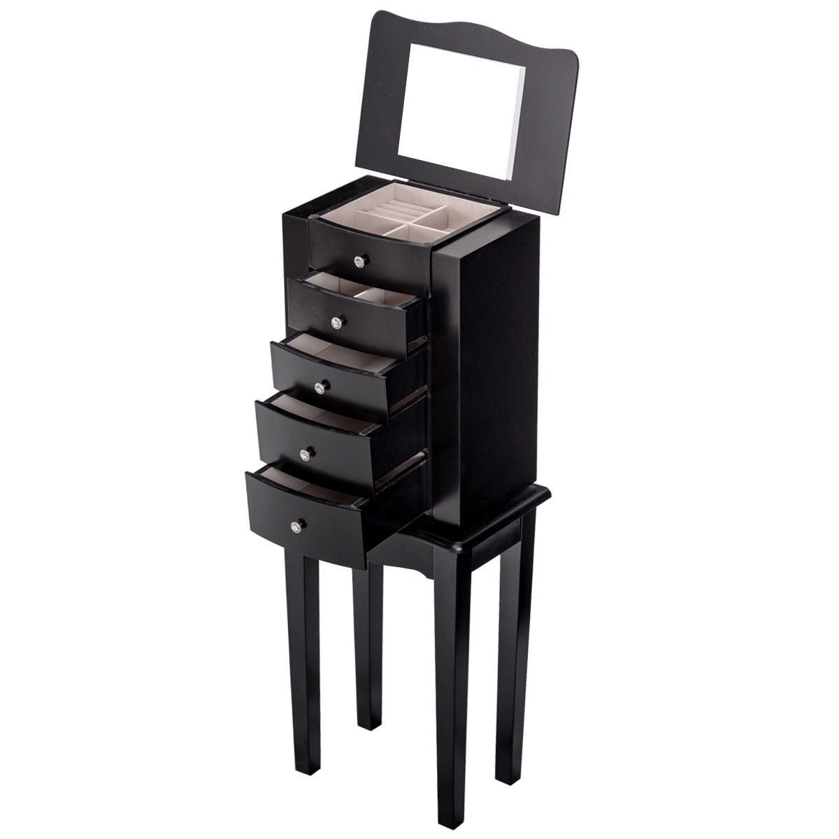 Black Wood 5-Drawer Jewelry Chest Storage Chest Cabinet with Mirror - Pozzby Home Solutions