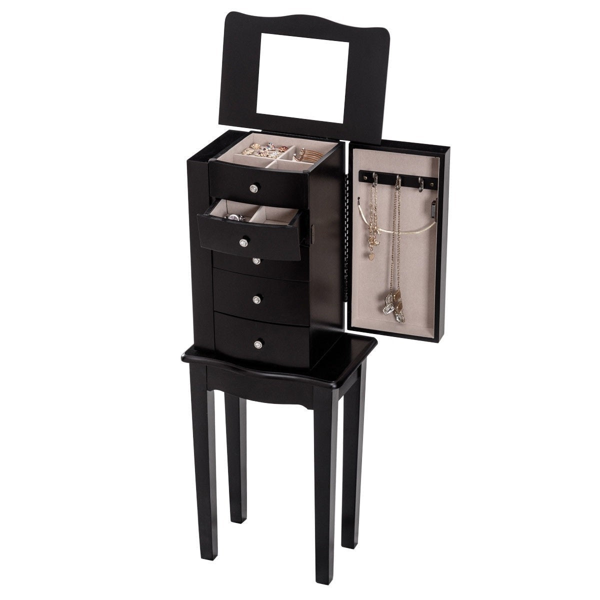 Black Wood 5-Drawer Jewelry Chest Storage Chest Cabinet with Mirror - Pozzby Home Solutions