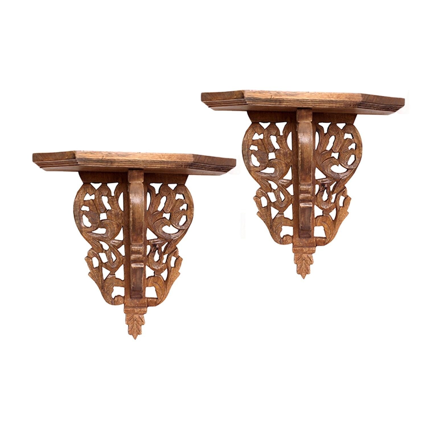 Set of 2 Boho Chic Carved Wood Wall Shelves - Pozzby Home Solutions