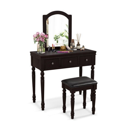 Makeup Vanity Table and Stool Set with Detachable Mirror and 3 DrawersSpecifications: Color White/Walnut Material MDF + Pine Wood Table Dimension 34" x 15.5" x 51.5" Stool Dimension 15" x 11" x 18" Weight Capacity of Tabletop 66 lbs WeFurniture > Bedroom > Makeup VanitiesPozzby Home SolutionsPozzby Home SolutionsMakeup Vanity Table