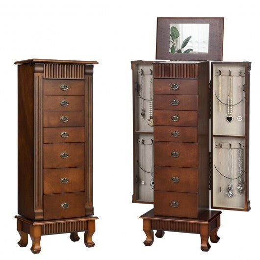 Wooden Jewelry Armoire Cabinet Storage Chest with Drawers and Swing DoSpecifications: Color: As the picture shows Material: MDF with wood surface Mirror material: Glass Overall size: 15"(L) x 9"(W) x 38.5"(H) Drawer size:9.5"(W) x 7.3"BedroomPozzby Home SolutionsPozzby Home SolutionsWooden Jewelry Armoire Cabinet Storage Chest