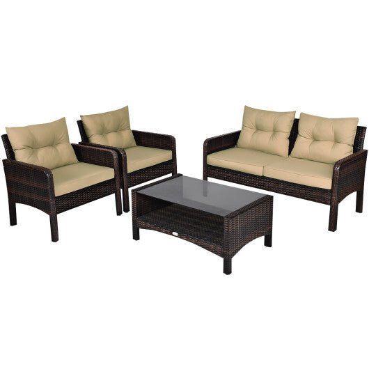 4 Pieces Patio Rattan Sofa Set with Cushion and Coffee Table - Color: -The rugged frame ensures sturdiness and stableness-Functional and beautiful design perfect for your garden backyard or balcony-Rattan coffee table with tempered glaOutdoor > Outdoor & Patio Furniture > Patio Furniture Sets > Patio Conversation SetsPozzby Home SolutionsPozzby Home Solutions4 Pieces Patio Rattan Sofa Set