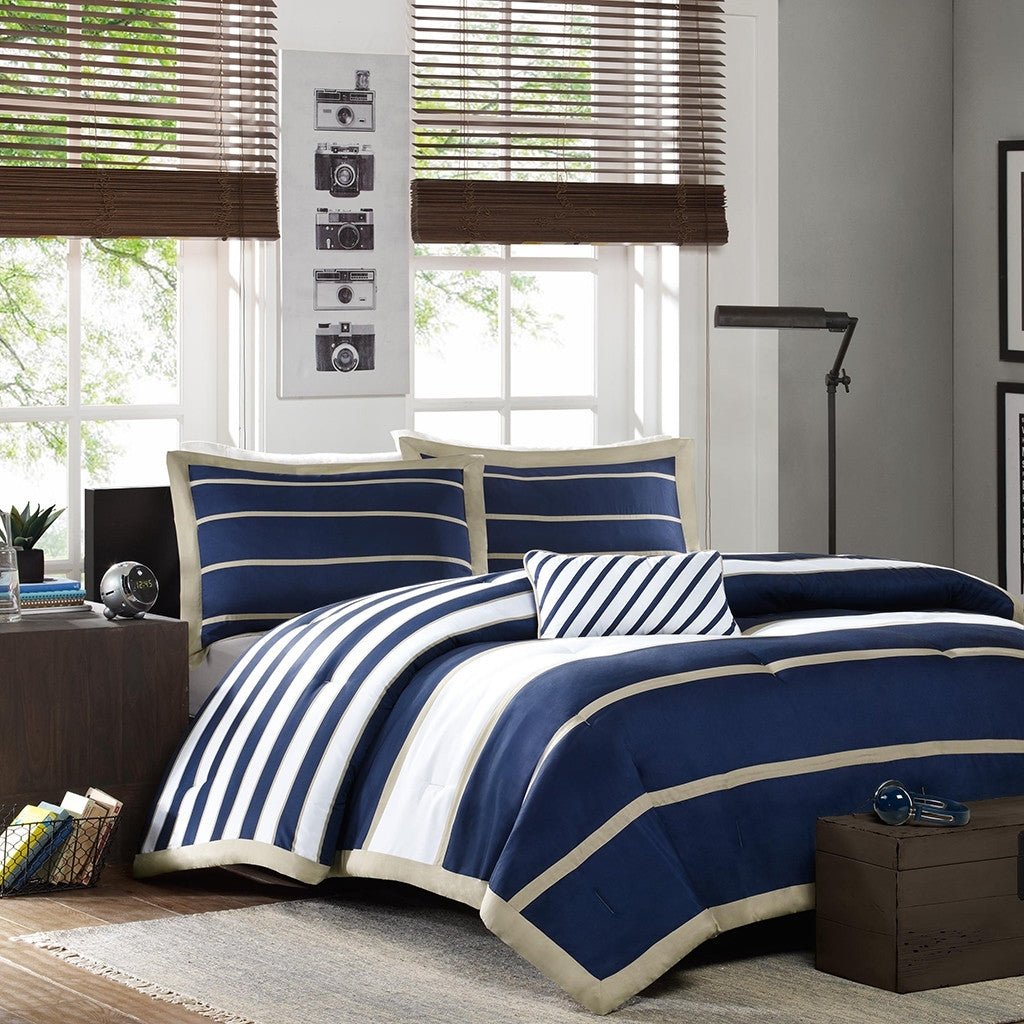 Full / Queen size Comforter Set in Navy Blue White Khaki Stripe - Pozzby Home Solutions