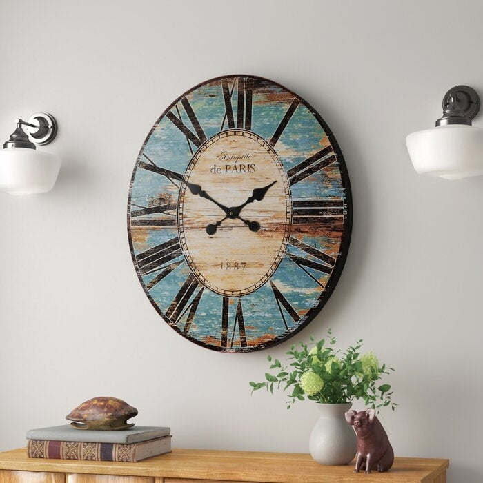 Turquoise Oversized Distressed Paris Wood Wall Clock - Pozzby Home Solutions